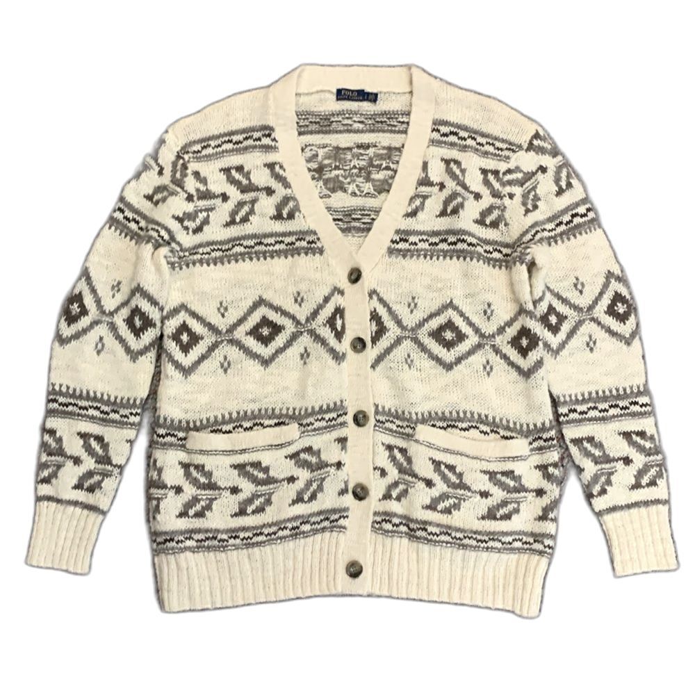 Polo Ralph Lauren Ivory Taupe Nordic Southwestern Wool V-Neck Cardigan Size L - Picture 4 of 14